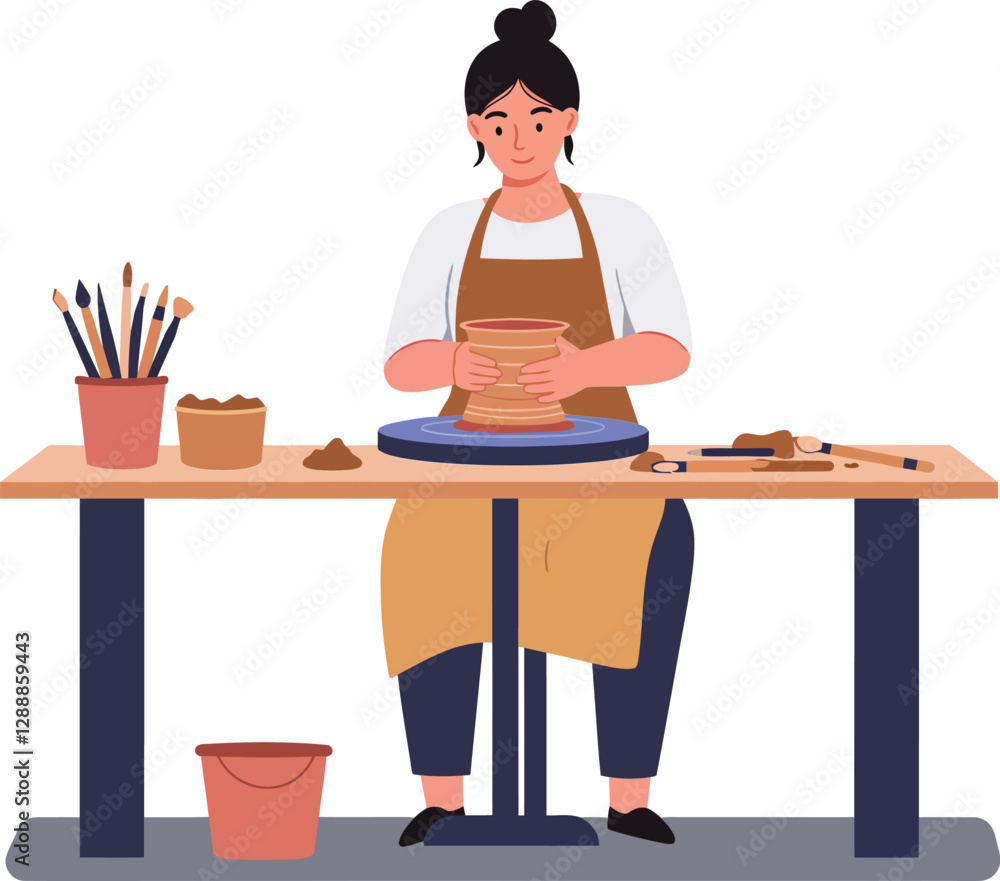 Woman shaping clay pottery on a workbench with various tools and materials Woman shaping clay pottery on a workbench with various tools and materials