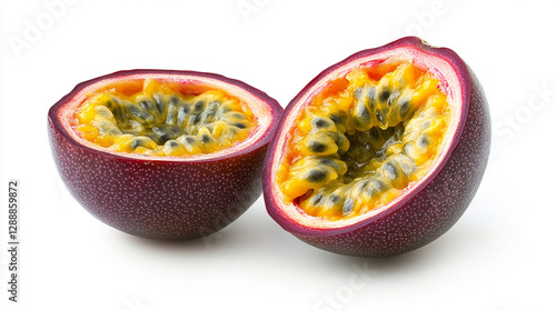 A halved passion fruit with vibrant yellow pulp