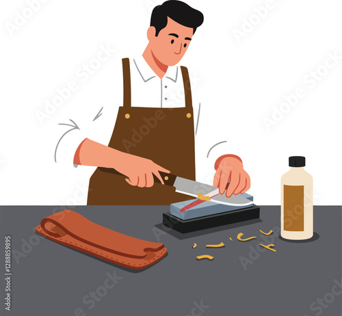 Man sharpening a knife on a stone with a leather strop and honing oil