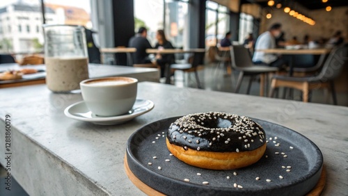 Chocolate-sprinkled donut in a modern café setting
