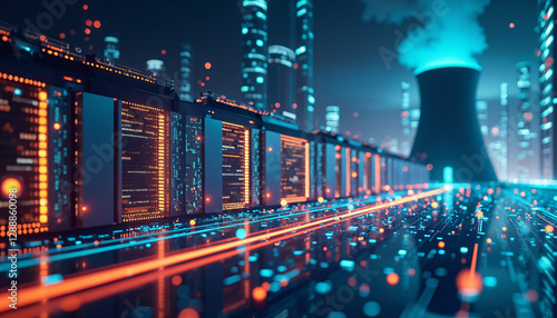 a data center with a nuclear power plant in the background and a cityscape in front of it.
