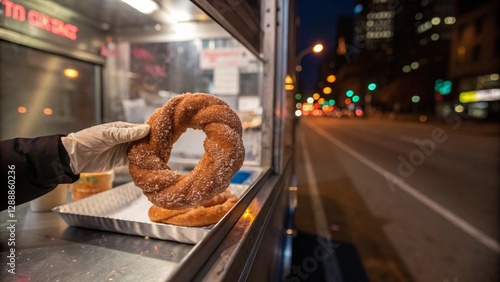 Street vendor handing out a warm pretzel donut