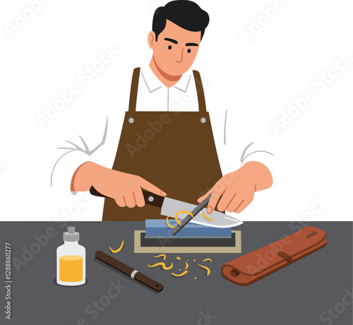 Man sharpening a knife on a whetstone in a kitchen setting