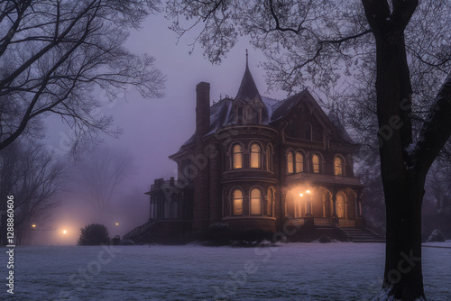 A Victorian-style mansion shrouded in mist on a winter night, illuminated by warm glowing lights, creating an eerie yet enchanting atmosphere. photo