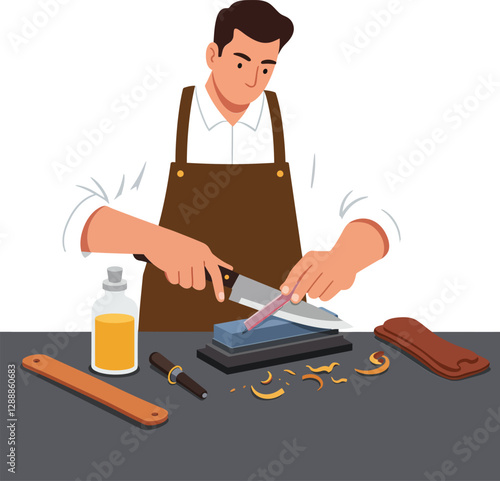 Craftsman sharpening a knife on a whetstone with tools and oil nearby
