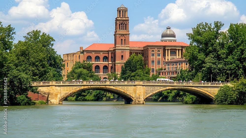 Naklejka premium A brick building and bridge spanning a river in the landscape