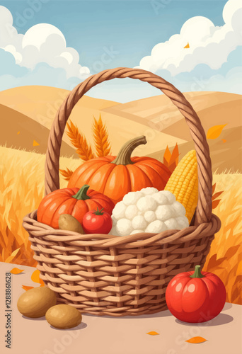 Autumn harvest basket with pumpkins, corn, cauliflower cartoon illustration