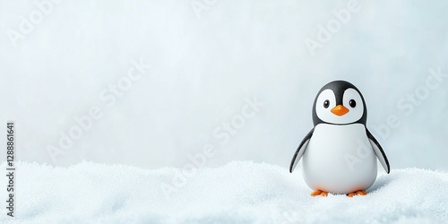 Cute penguin standing on white snow with a soft background.