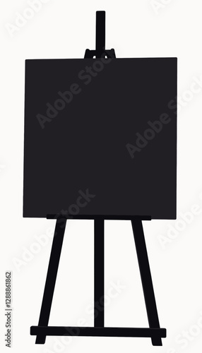 Black canvas on easel, art supplies ready for painting