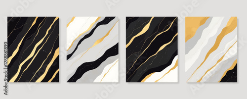 Black, gold, and white marble abstract paintings set
