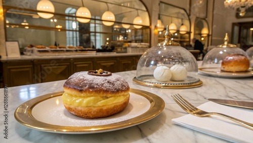 Classic glazed donut under a glass dome in a cozy café
