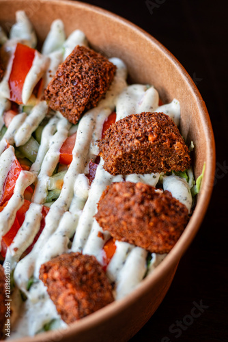 Falafel salad bowl. Vegan and vegeterian lunch plate - basmati rice with cucumber, tomate and falafel with white sauce.