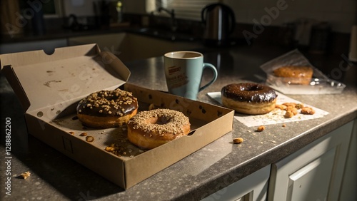 Freshly baked donuts in a takeaway box at home
