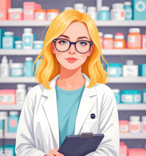 Blonde pharmacist with glasses holding clipboard
