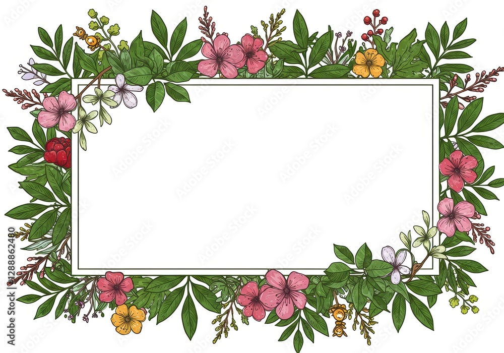 Elegant Floral Frame Illustration with Vibrant Greenery and Colorful Flowers for Wedding Invitations or Greeting Cards Elegant Floral Frame Illustration with Vibrant Greenery and Colorful Flowers for Wedding Invitations or Greeting Cards