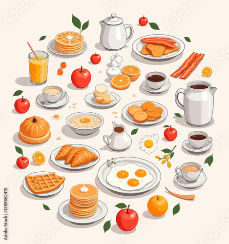 Breakfast circle arrangement with varied foods and drinks