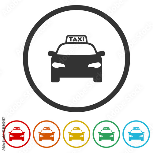 Taxi car icon. Set icons in color circle buttons