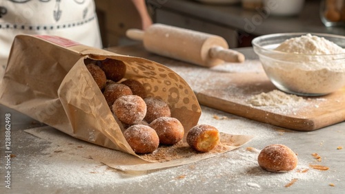 Mini sugar-coated donut holes in a paper bag