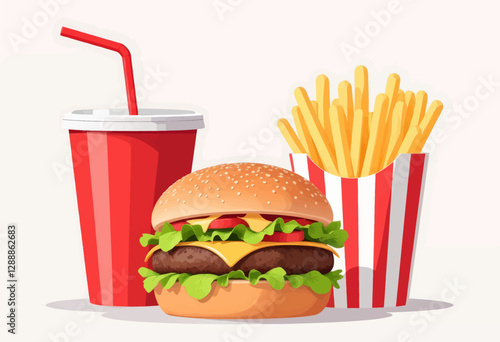 Burger, fries, and soda combo with red striped containers