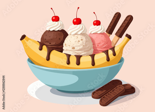 Cartoon banana split dessert with chocolate sticks and cherries