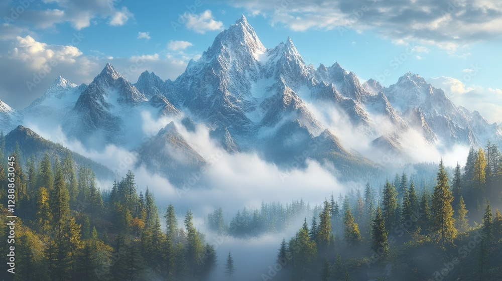 Obraz premium A misty forest with trees and mountains in the background