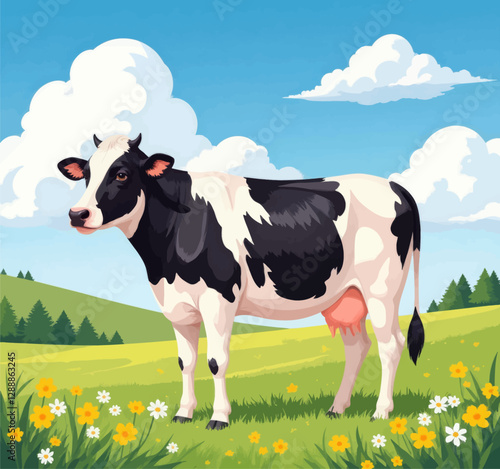 Cartoon Holstein cow standing in a lush meadow with wildflowers
