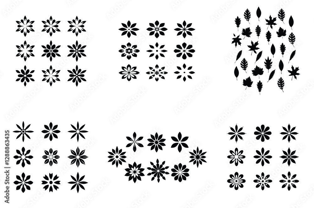 Black and White Vector Graphics: Assorted Floral and Leaf Designs for Creative Projects, Nature-Inspired Art, and Botanical Illustrations Black and White Vector Graphics: Assorted Floral and Leaf Designs for Creative Projects, Nature-Inspired Art, and Botanical Illustrations