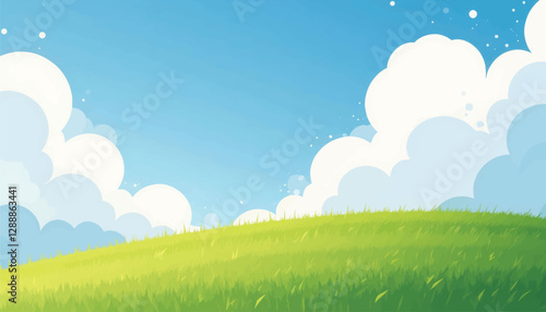 Cartoon green field and blue sky with soft clouds