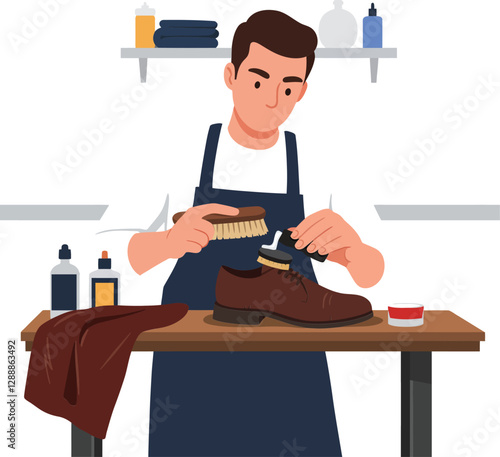 Man polishing brown leather shoes with brush and cream in workshop setting