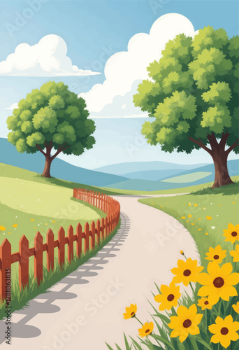 Cartoon rural scene with road, picket fence and sunflowers