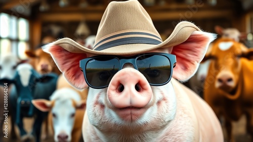 Stylish pig wearing sunglasses and cowboy hat