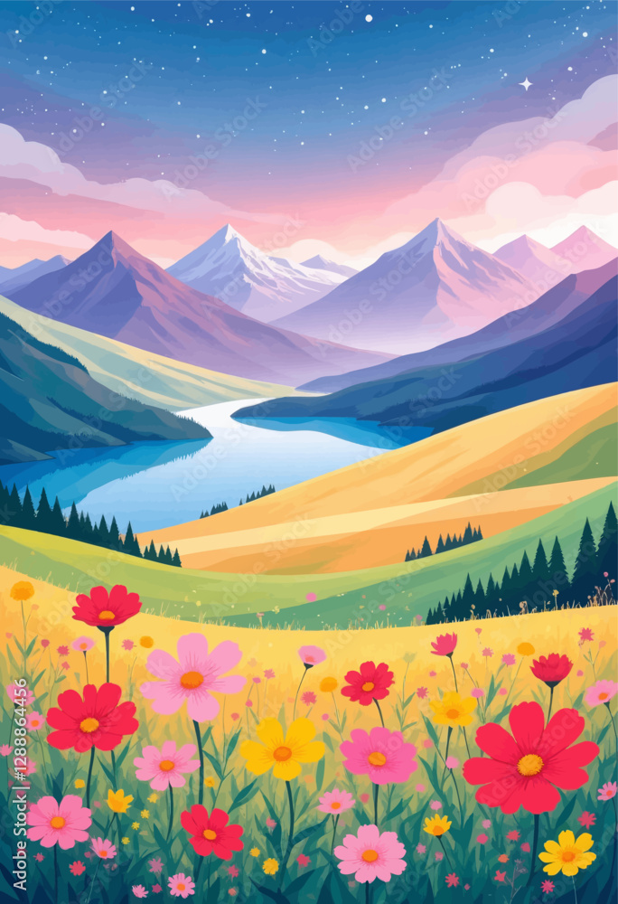 Fototapeta premium Colorful flower field with snow capped mountains and scenic river