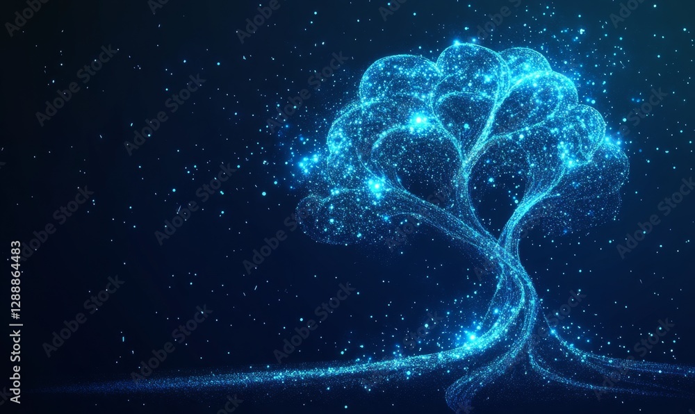 Abstract glowing tree digital art, dark background, stars Abstract glowing tree digital art, dark background, stars