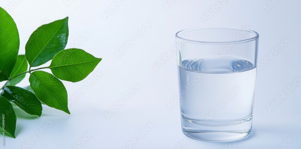 Close up view of a glass of water and fresh green leaves on a white background. The image evokes a sense of purity and health Close up view of a glass of water and fresh green leaves on a white background. The image evokes a sense of purity and health