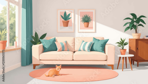 Cozy home interior with peach sofa, cat, and botanical art
