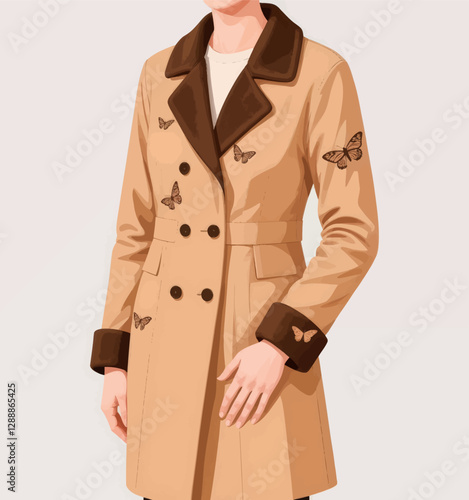 Double-breasted tan trench coat with brown velvet trim and butterfly motifs

