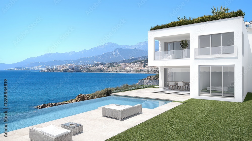 Fototapeta premium Modern Coastal Villa with Infinity Pool Overlooking Serene Ocean View
