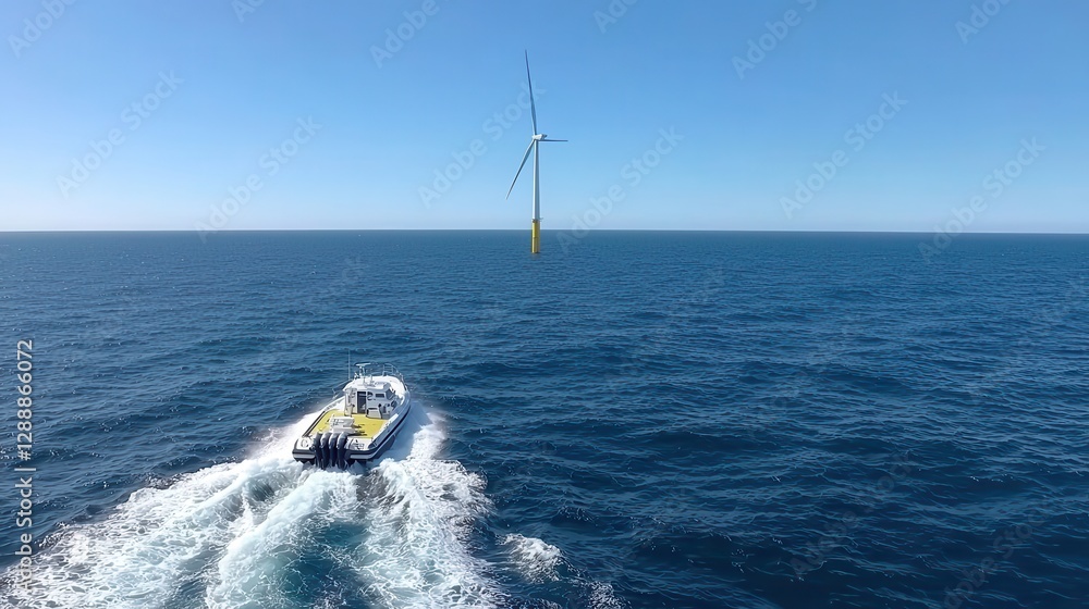Obraz premium Boat Approaching Offshore Wind Turbine in Clear Blue Ocean Under Bright Sky