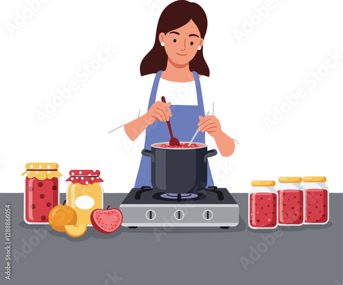 Woman cooking fruit jam in a kitchen with jars and fresh ingredients displayed