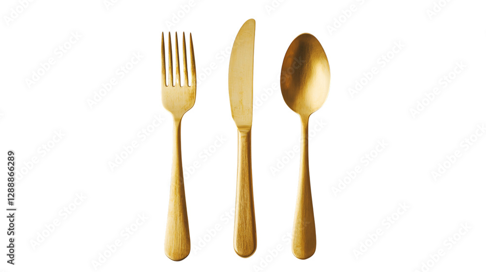 Golden fork, knife, and spoon arranged aesthetically for elegant dining, on a white background --ar 16:9 Golden fork, knife, and spoon arranged aesthetically for elegant dining, on a white background --ar 16:9