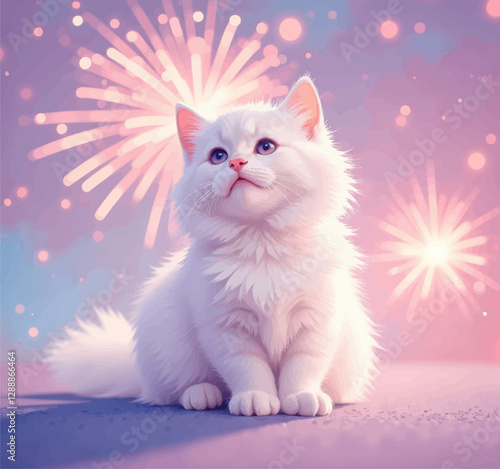 Fluffy white kitten with fireworks background
