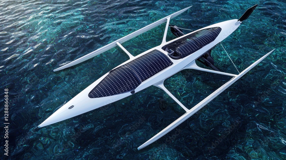 Fototapeta premium Innovative Solar-Powered Kayak Gliding Over Crystal Clear Ocean Waters