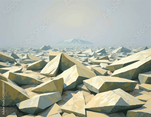 Geometric rock field, distant snowy peak under a hazy sky