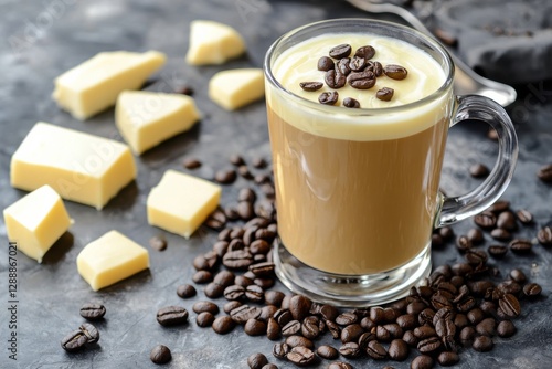 keto diet Rich coffee topped with beans, surrounded by chocolate pieces on a dark surface.