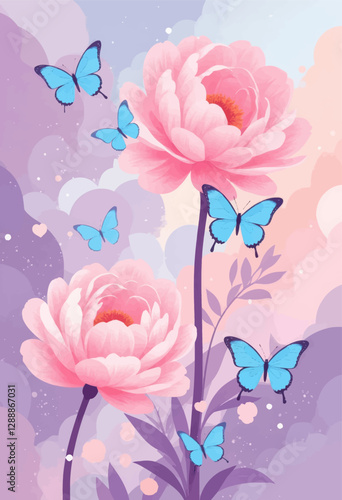 Floral dreamscape with pink peonies and blue butterflies
