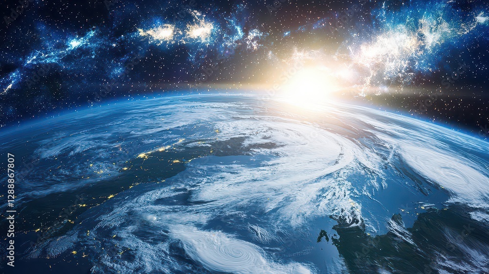 A cosmic storm swirls above Earth, sending radiant waves of light that illuminate the continents A cosmic storm swirls above Earth, sending radiant waves of light that illuminate the continents