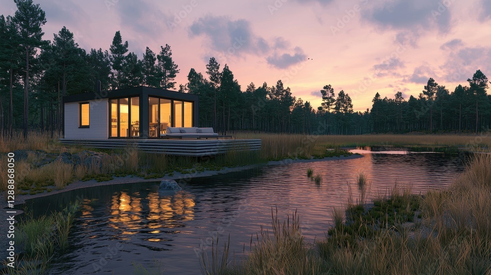 Obraz premium Modern Cabin Retreat by Tranquil Lake Surrounded by Lush Pine Forest at Sunset