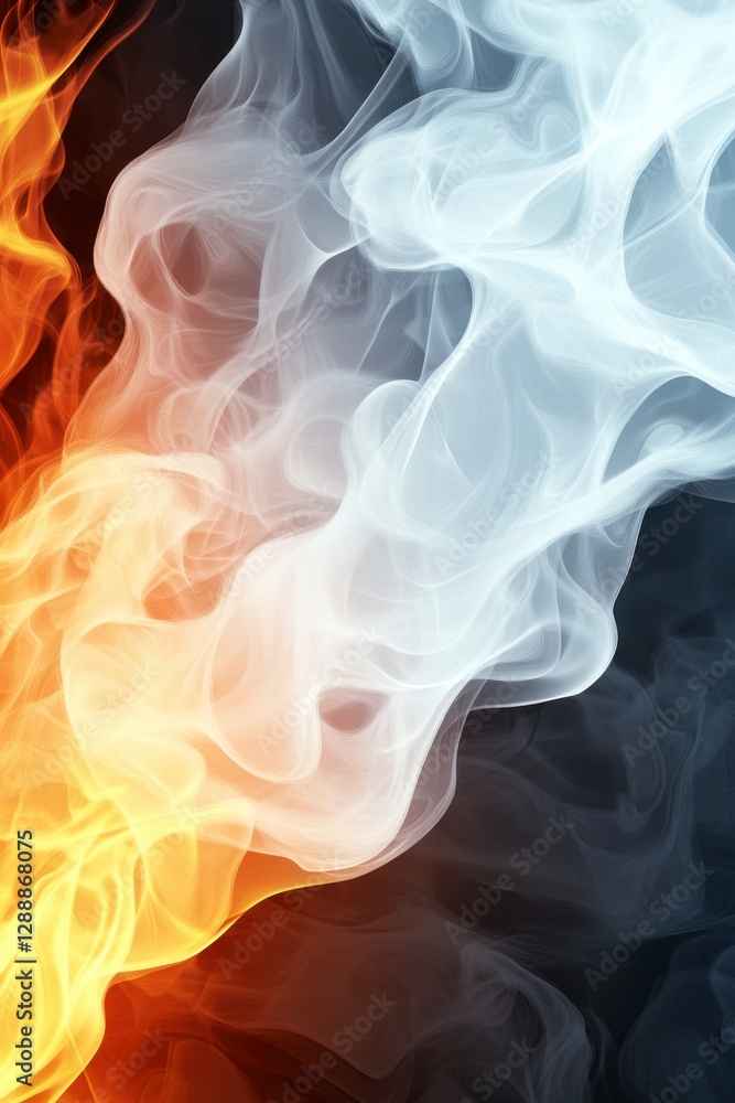 Abstract image of fiery orange and cool white smoke swirling against a dark background. The contrasting colors and textures create a dynamic Abstract image of fiery orange and cool white smoke swirling against a dark background. The contrasting colors and textures create a dynamic