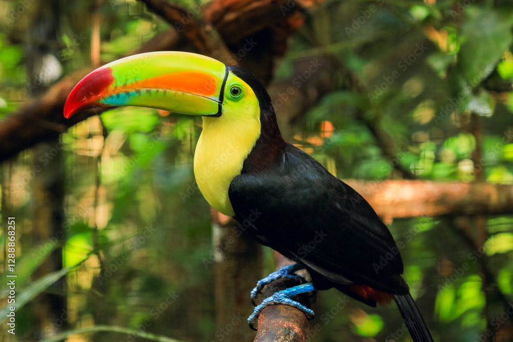 Obraz premium Colorful toucan perched on a branch at a zoo in Belize during the day