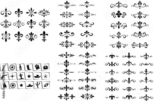 Elegant Decorative Flourishes & Western Icons Vector Set: Vintage Ornaments, Fleur-de-lis, Cowboy Symbols for Design & Illustration Projects